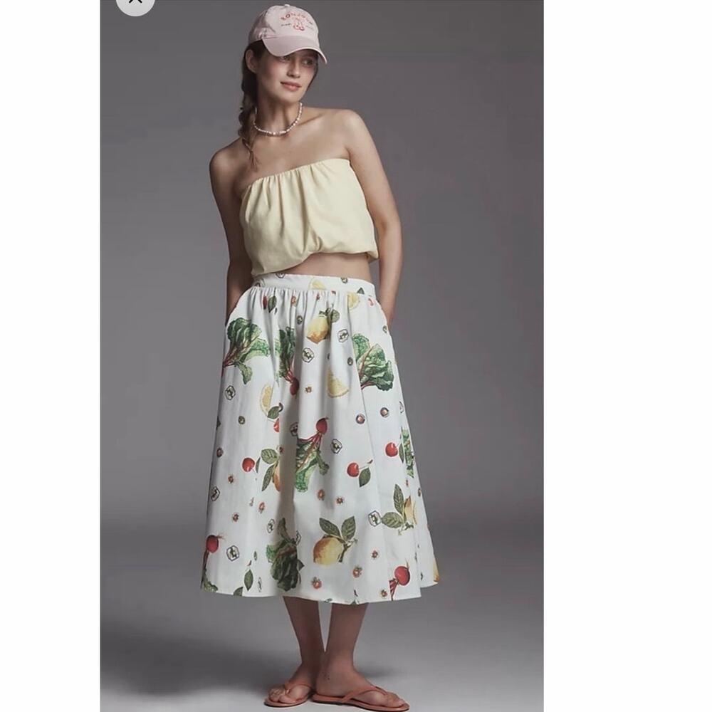 Anthropologie Maeve The Jacie Poplin Vegetable Printed Midi Skirt Medium